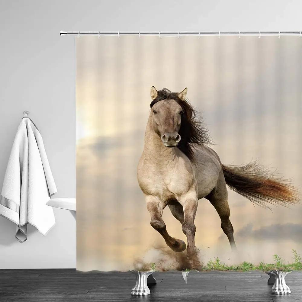 Western Horse Shower Curtains Running Horses Farm Animal Country Unique Oil Painting Abstract Art Fabric Bathroom Deco Set Hooks