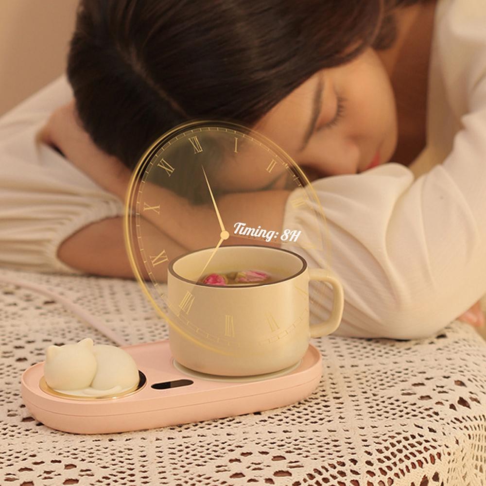 20W Thermostatic Heat Pad Electric Cup Heater Coffee Mug Warmer Cat Heating Coaster Coffee with Night Light Pink / White