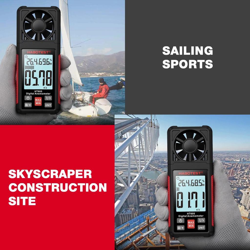 HABOTEST HT605 Digital Anemometer Portable Wind Speed Meter Windmeter LCD Backlight Display Temperature Humidity Meter