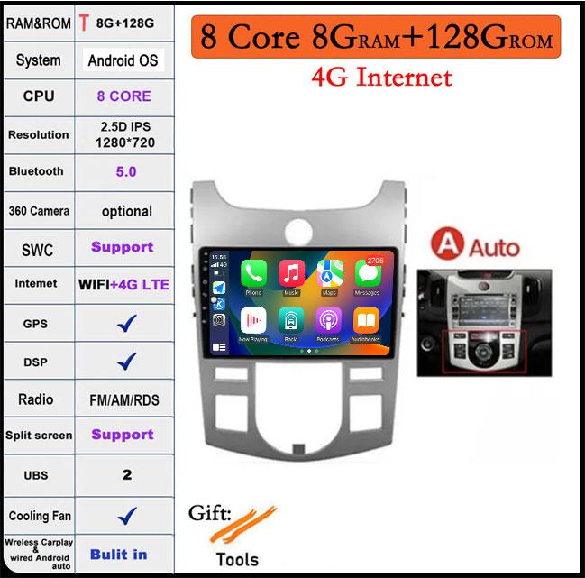 4G+WIFI Android 14 For KIA Forte Cerato 2 TD 2008 2009-2013 Car Radio Multimedia Player GPS Navigaion DSP Stereo Auto