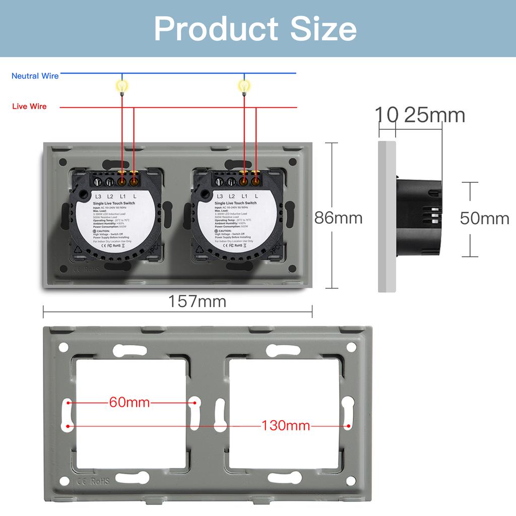 BSEED 1/2/3Gang Touch Switch Double Light Switch Triple Sensor Switch 1Way EU Standard Glass Panel Blue Back Light White Series