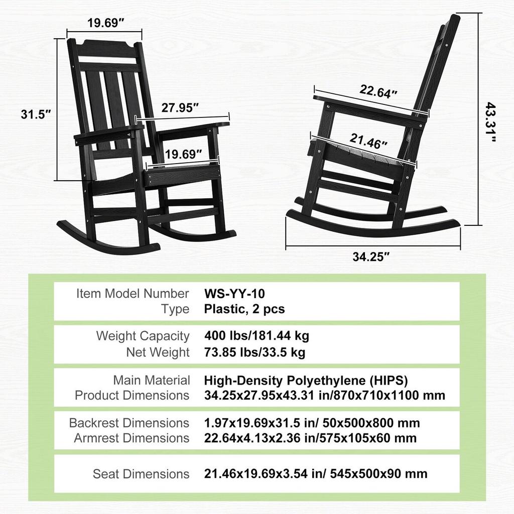 Porch Rocker HIPS Outdoor Rocking Chair High Back 2 Pcs 400 Lbs Weight