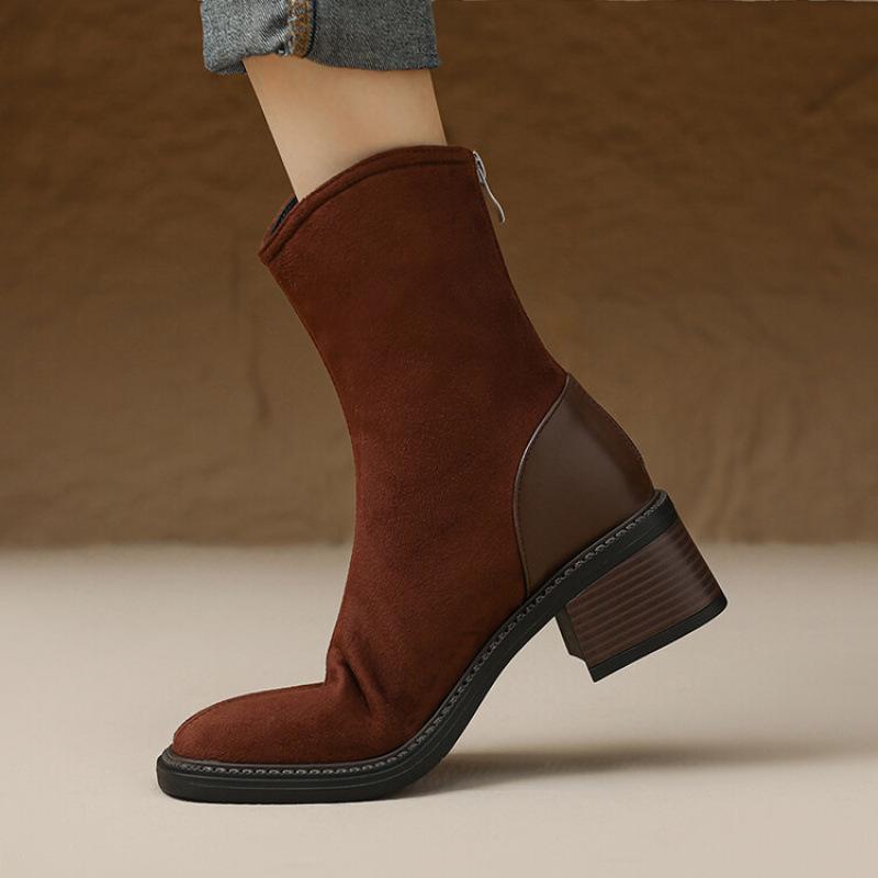 New Autumn and Winter Suede Medium Boots Large Size Women's Boots Thick-soled Non-slip Rear Zipper Leather Boots Korean Version Medium Heel Mart