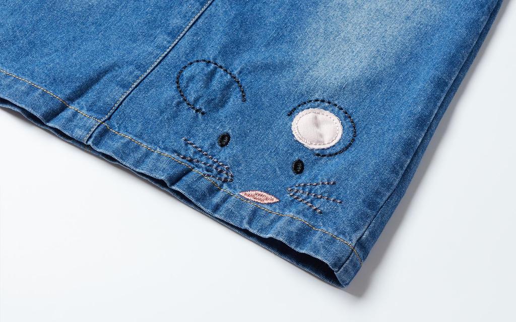 LittleSpring Kids' Denim Jumper Skirt with Floral Embroidery and A-Line Design, Size 100, for Girls