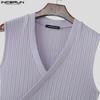 INCERUN Summer Men V Neck Front Cross Solid Rib Casual Tank Tops Undershirts