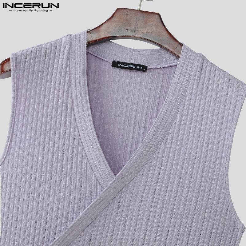 INCERUN Summer Men V Neck Front Cross Solid Rib Casual Tank Tops Undershirts