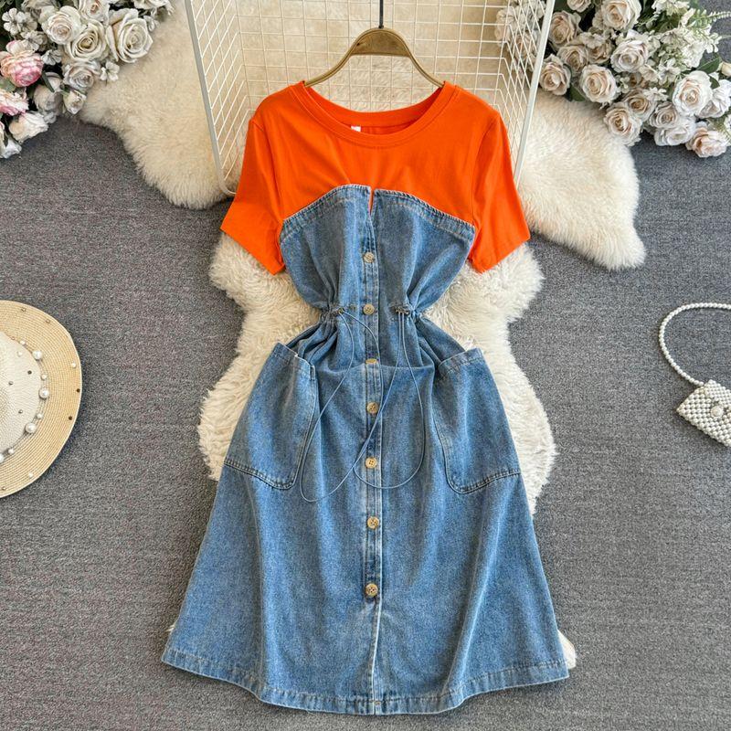 

Summer Casual Denim Drawstring Dress Fake Two-Piece Orange All yards