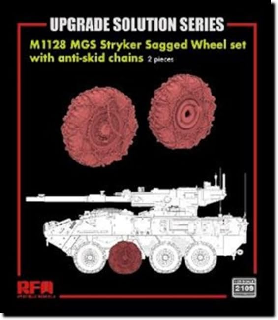 Ryefield Models 1/35 Scale M1128 Stryker MGS Weight-Deformable Wheel Set (with Anti-Slip Chains X 2) Plastic Model Kit Parts RFM2109 (Combat Vehicle)