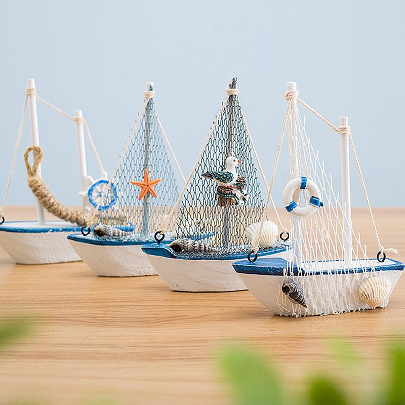 Mini Mediterranean Style Marine Nautical Wooden Blue Sailing Boat Ship Wood Crafts Sea Ornaments Party Room Home Decoration