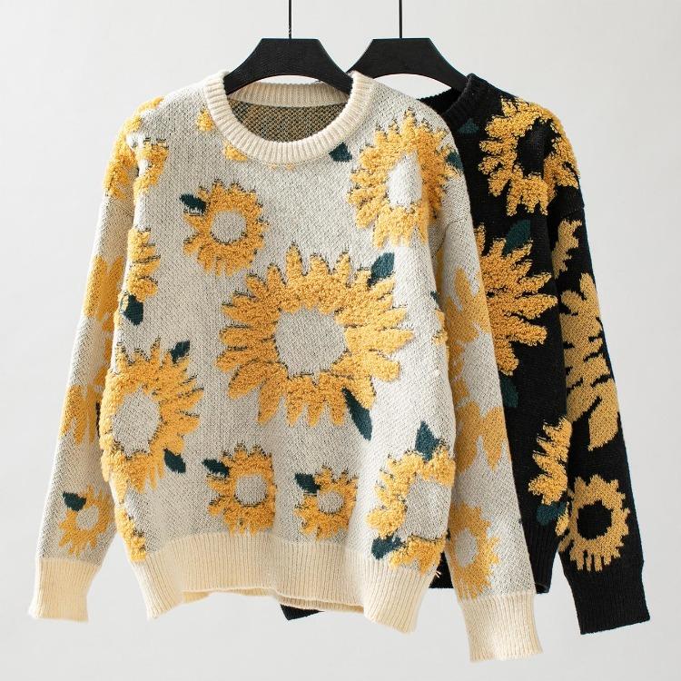Vintage Knitwear Cardigan Long Sleeve Loose Sweater O Neck Print Top Autumn Winter