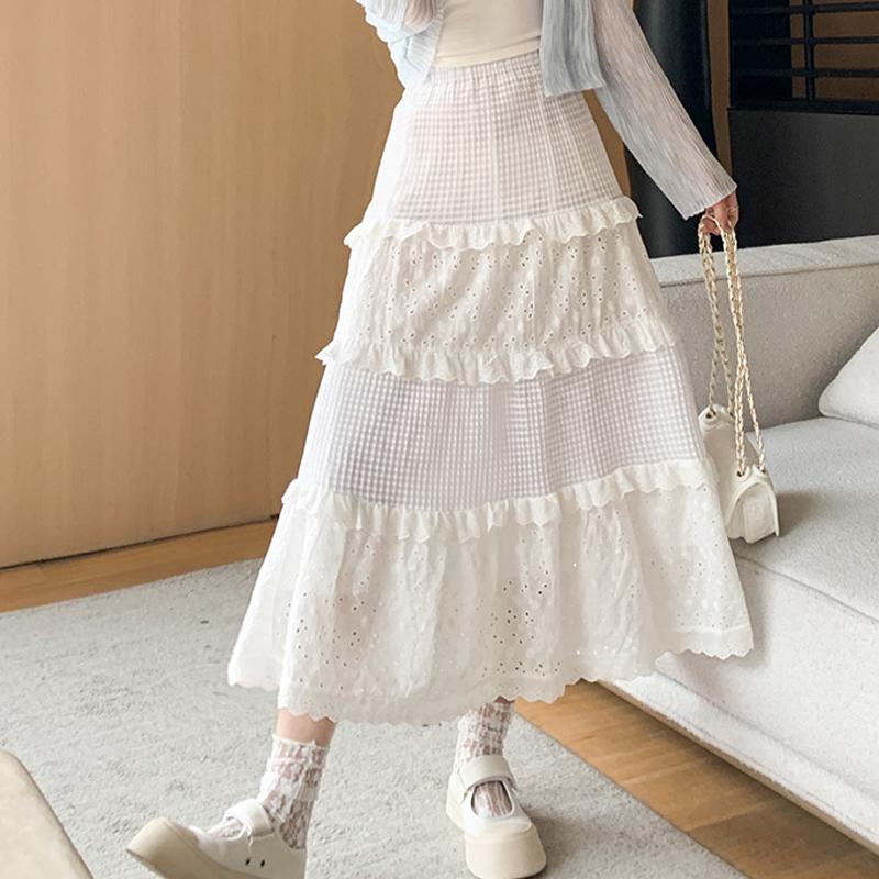 

Белая юбка-торт с длинными рукавами, женская юбка-миди в стиле Лолита с кружевом и высокой талией One Size белый