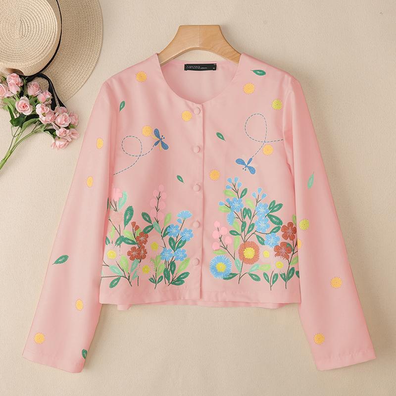 

ZANZEA Женская повседневная блузка с круглым вырезом, свободного кроя, с длинным рукавом и принтом 5XL розовый