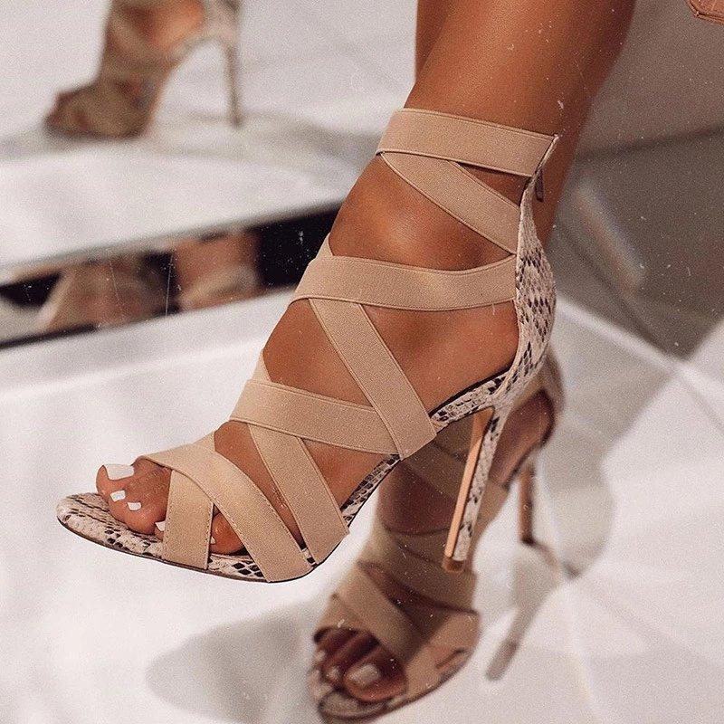 2025 summer European and American new ultra-high thin heel pointed fish mouth elastic band sexy fashion sandals