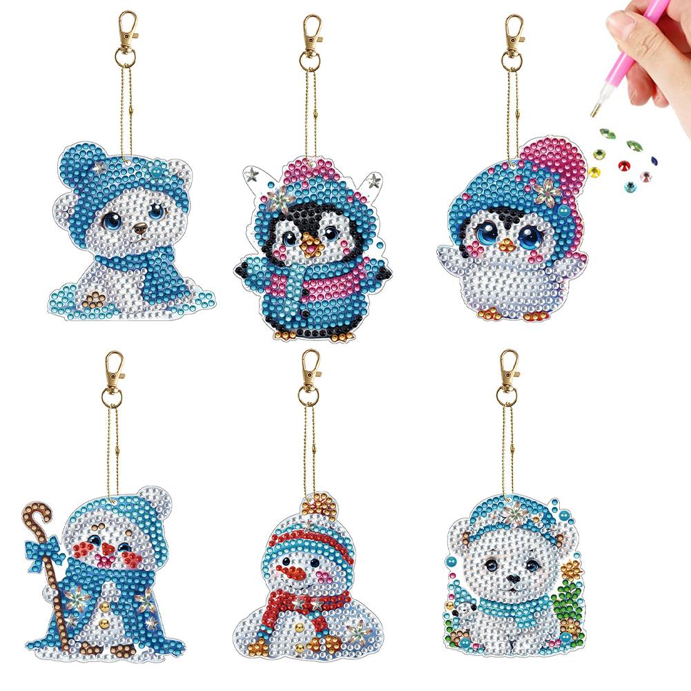 6Pcs Double Sided DIY 5D Round Diamond Art Charms Diamond Art Set Diamond Key Rings Hanging Ornaments for Beginners Enthusiasts