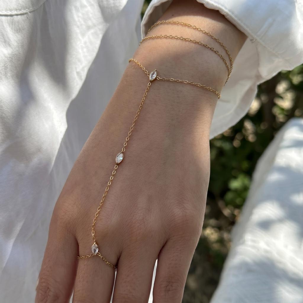 Stainless Steel Cubic Zirconia Hand Chain Bracelet Ring For Women Dainty Marquise Cz Linked Finger Ring Multi Layer Wrist Jewelr