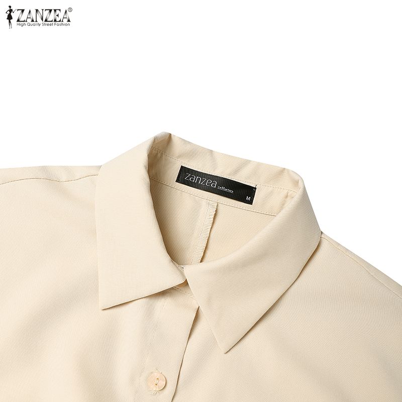 ZANZEA Damen Umlegekragen Langarm Casual Long Shirt Kleid