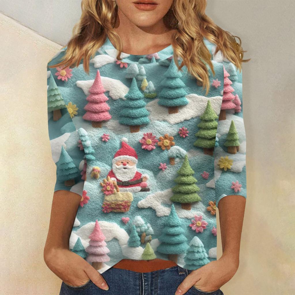3/4 Sleeve Shirts For Women Print Christmas Tees Blouses Casual Plus Size Basic Tops Pullover