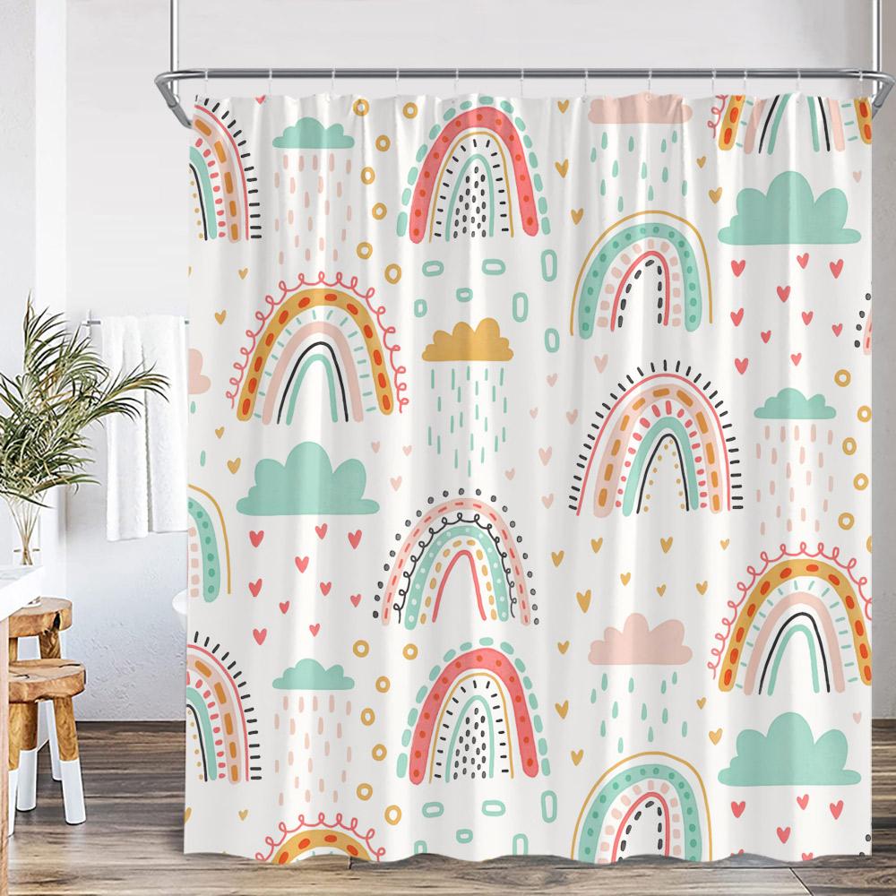 

Cartoon Rainbow Kids Bathroom Shower Curtain Hand-Painted Cute Pattern Children Bathtub Decor Children Polyester Bath Curtain W60H190(CM)-1 Pcs