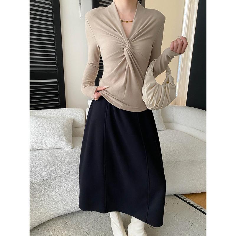 Sinan Elegant French V-Neck Twisted Slimming Long Sleeve T-Shirt SN8443 L