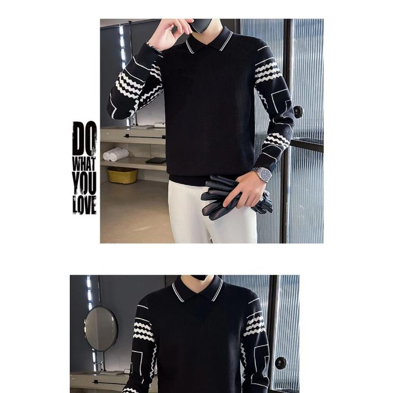 Polo Collar Sweater Men's Slim Fake Two-piece Knitted Bottoming Shirt Autumn and Winter Fashion Contrasting Geometric Top