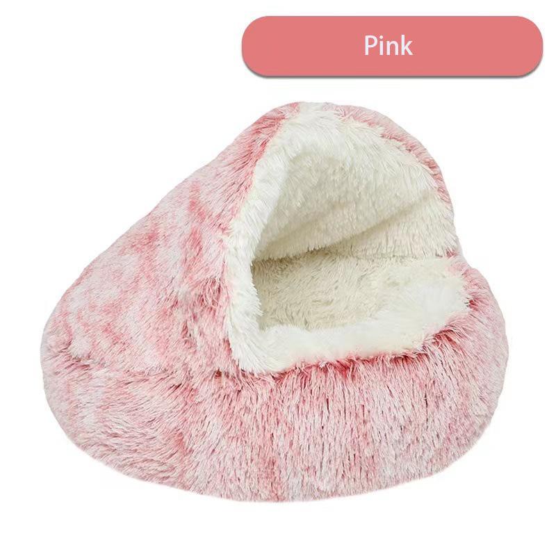 2 in 1 Soft Long Plush Pet Bed with Cover Semi-enclosed Round Warm Comfortable Dog Cat Sleep Nest Kitten Supplies