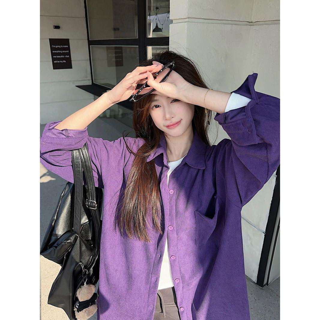 

High-End Corduroy Polo Collar Shirt - Women s Chic Light Luxury Top for Spring and Autumn Large синій