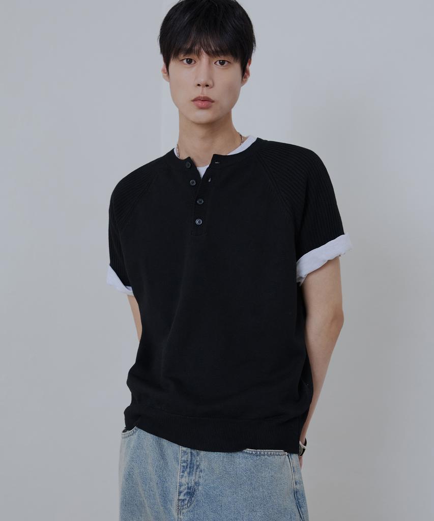 NODU Raglan Henley Neck Ribbed Crop Knit [Black]