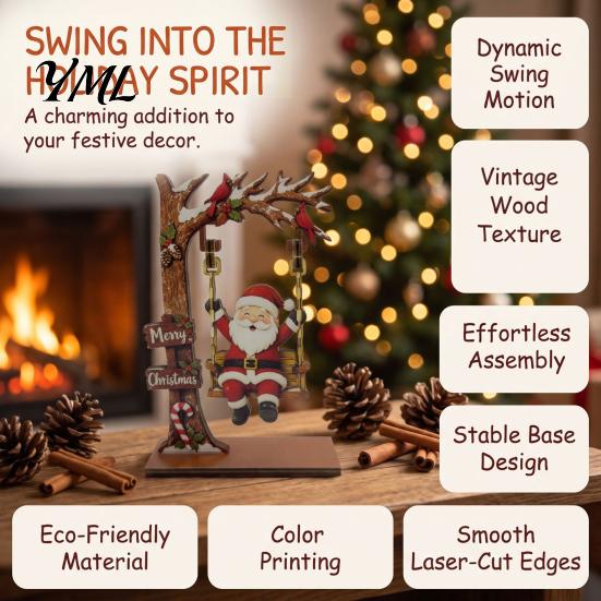 Swinging Puppet Xmas Gifts Christmas Wooden Ornaments, Santa Snowman Figurine with Moving Ornaments Swing, Rustic Holiday Tabletop Centerpiece