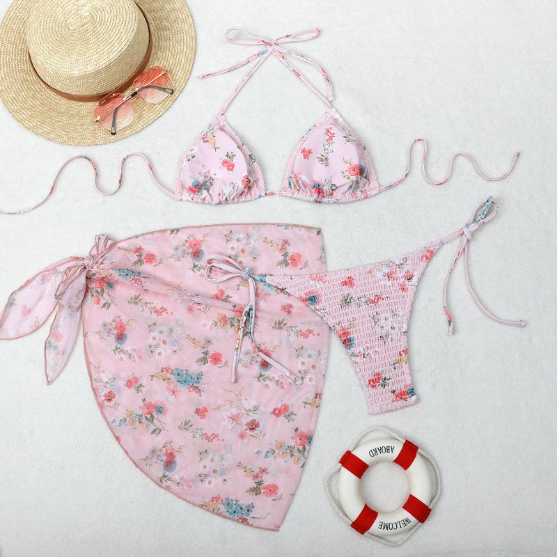TS JYL-BK045 Mesh Skirt Three-Piece Bikini, Print Triangle Slim Swimwear For Vacation