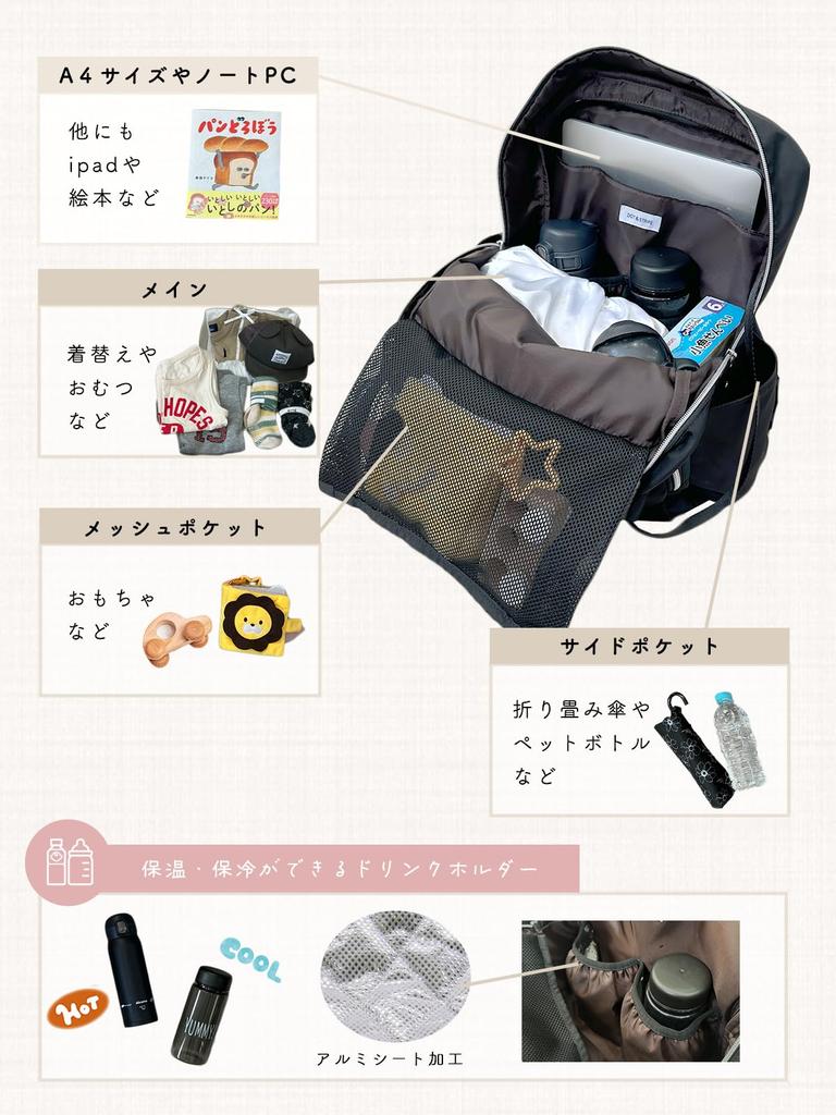 Gisele Backpack, Large Capacity, Water-Repellent, A4 Size, PC Size, Lightweight, Nylon, Mother's Bag, Cooler and Heat Insulated Pockets, Double