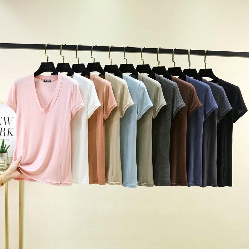Plus size L to 6XL Modal V-Neck T-shirt Short sleeved Tees Women Ultra-thin Layering Top solid color base layer tops