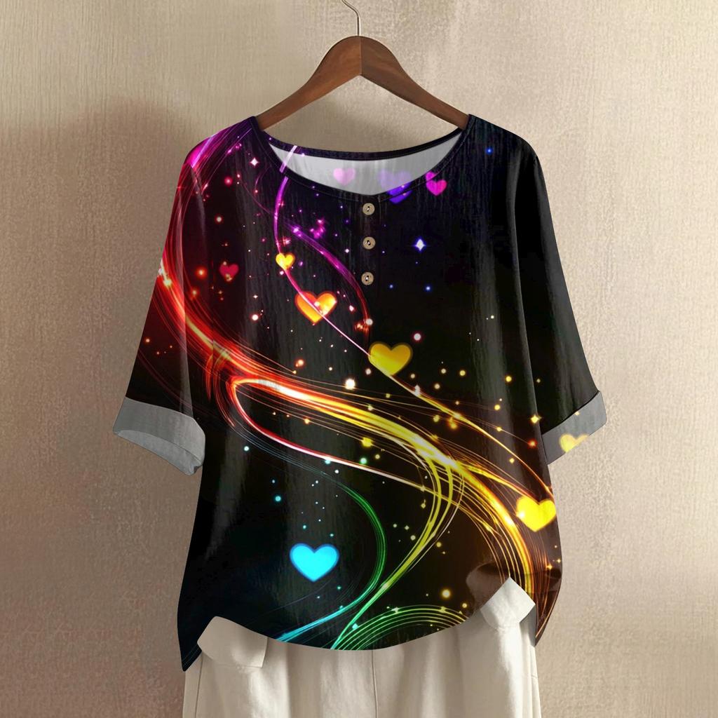 Damska casualowa i wygodna bawełniano-lniana bluzka z okrągłym dekoltem, średniej długości, z modnym nadrukiem