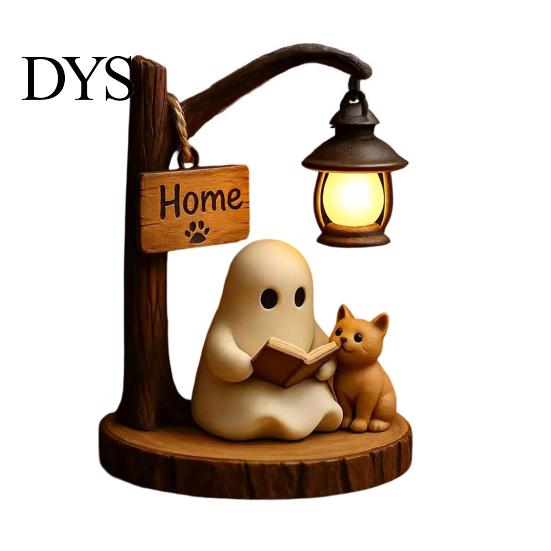 Statua Fantasma Gatto in Resina Halloween Statuetta da Lettura, Statua con Lampione Stradale Illuminato a LED, Decorazione da Scrivania per Festa di Compleanno Decorativa