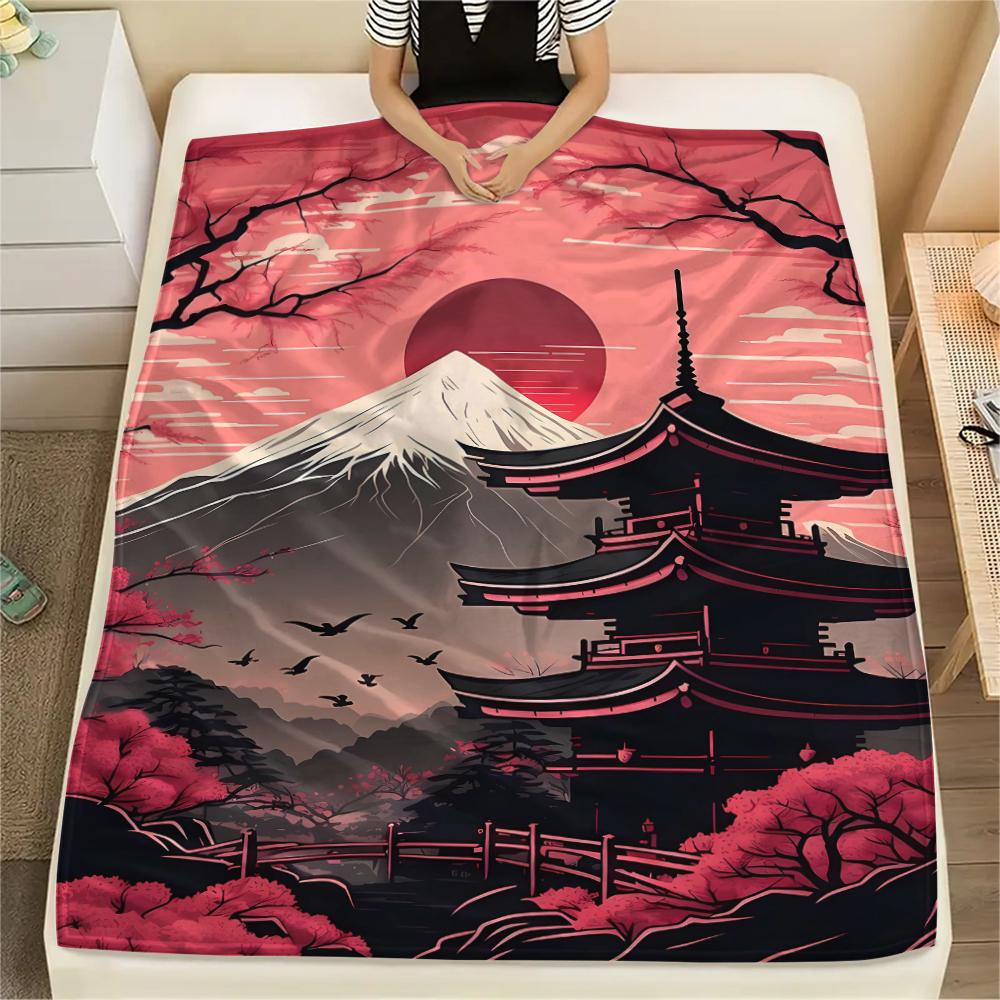 1Pc Japanese Pattern Print Flannel Blanket, High Quality Comfortable for All Seasons, Home Decor, Warmth and Comfort, Perfect for Christmas Gifts