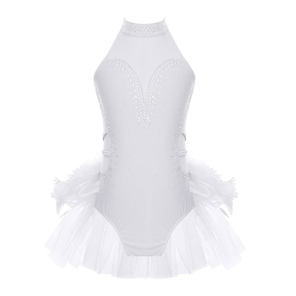 Kids Girls Dance Performance Costume Rhinestone Mesh Patchwork Sleeveless Leotard Tulle Skirted Bodysuit