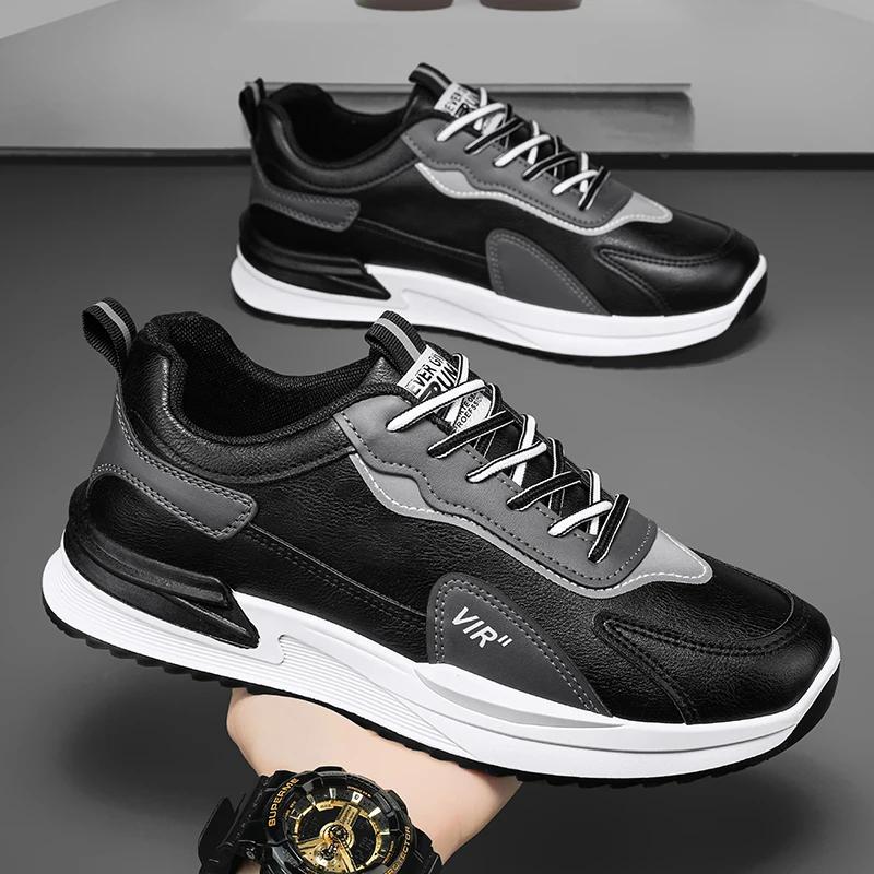 New Men's Sneakers Four Season Leather Breathable Casual Sport Shoes High Quality Trendy Anti-slip Lace Up Walking Running Shoes