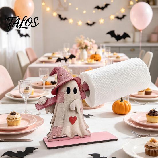 Halloween Paper Towel Holder Wooden Holder, Cute Patchwork Ghost Napkin Stand, Party Supplies Rustic Roll Dispenser for Kitchen Dining Table