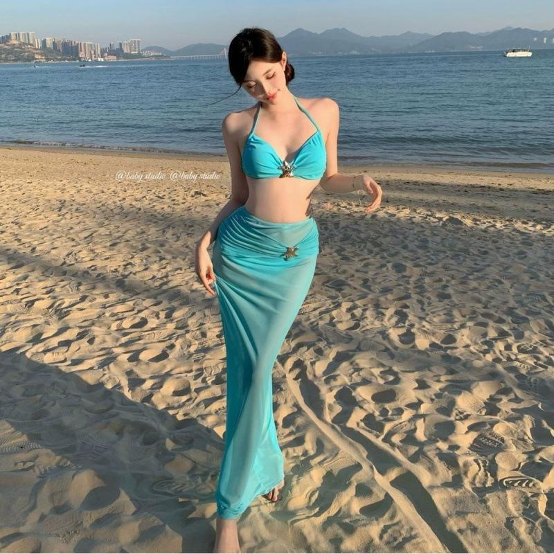 Blue mint ins sexy hollow dress split swimsuit beach vacation pure desire wind hot spring S