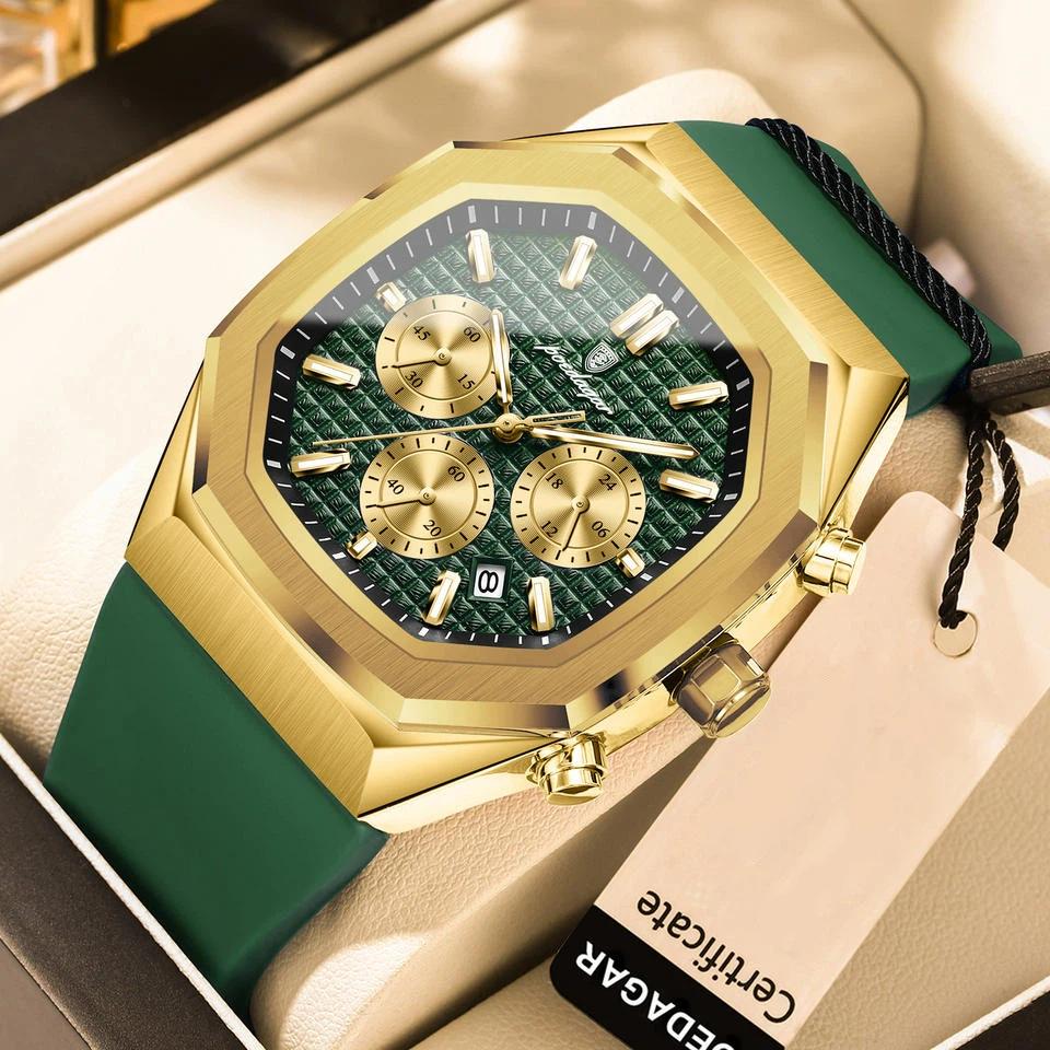 

POEDAGAR Functional Watch for Men Date Chronograph Luminous Waterproof Silicone Classic Male Watch Quartz Original Watches зелений/золотий