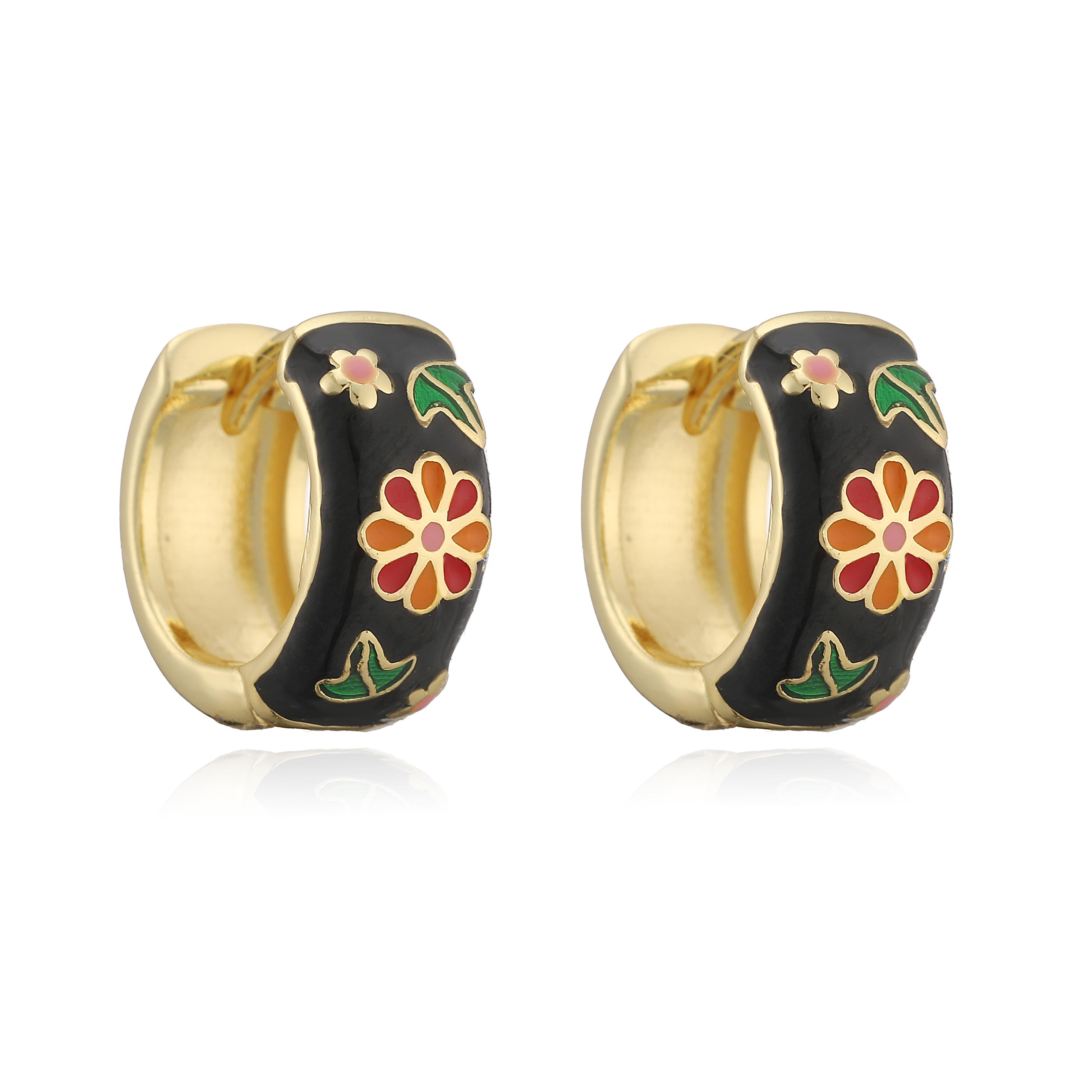 

HECHENG,Sweet and Romantic Enamel Dripping Glaze Floral Pattern Hoop Earrings Women s Minimalist Vintage Jewellery 1 Pair Other чорний