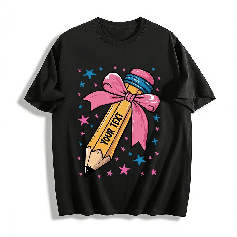 Cute Bow Pencil Print Casual Daily Top For Kids Teens Pure cotton T-shirt XXS