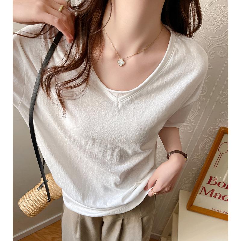Women Lazy Casual Loose V Neck Drop Shoulder Short Sleeve Summer T Shirt