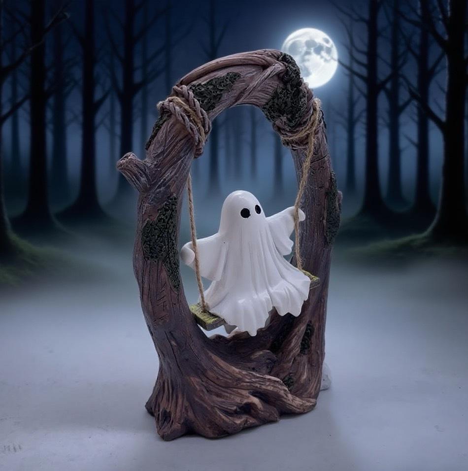 

Cute Spooky Halloween Decor Ghost on a Tree Swing Ghost Figurine Ornament for Indoor Outdoor Porch Desktop Bookshelf Decorations