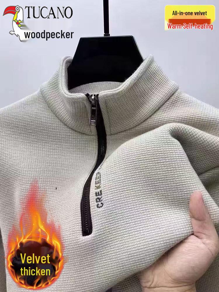 Men's Fleece-Lined Woodpecker Half-Zip Sweatshirt - Winter Casual Long-Sleeve Base Layer