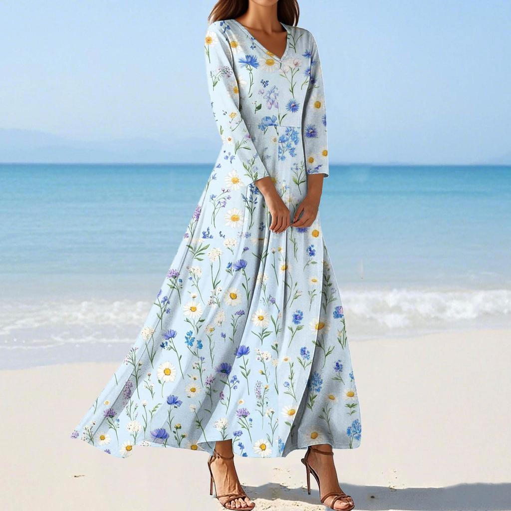 Vestidos de Praia Flutuantes com Decote em V da Moda Feminina, Vestidos Estampados Florais de Sete Mangas