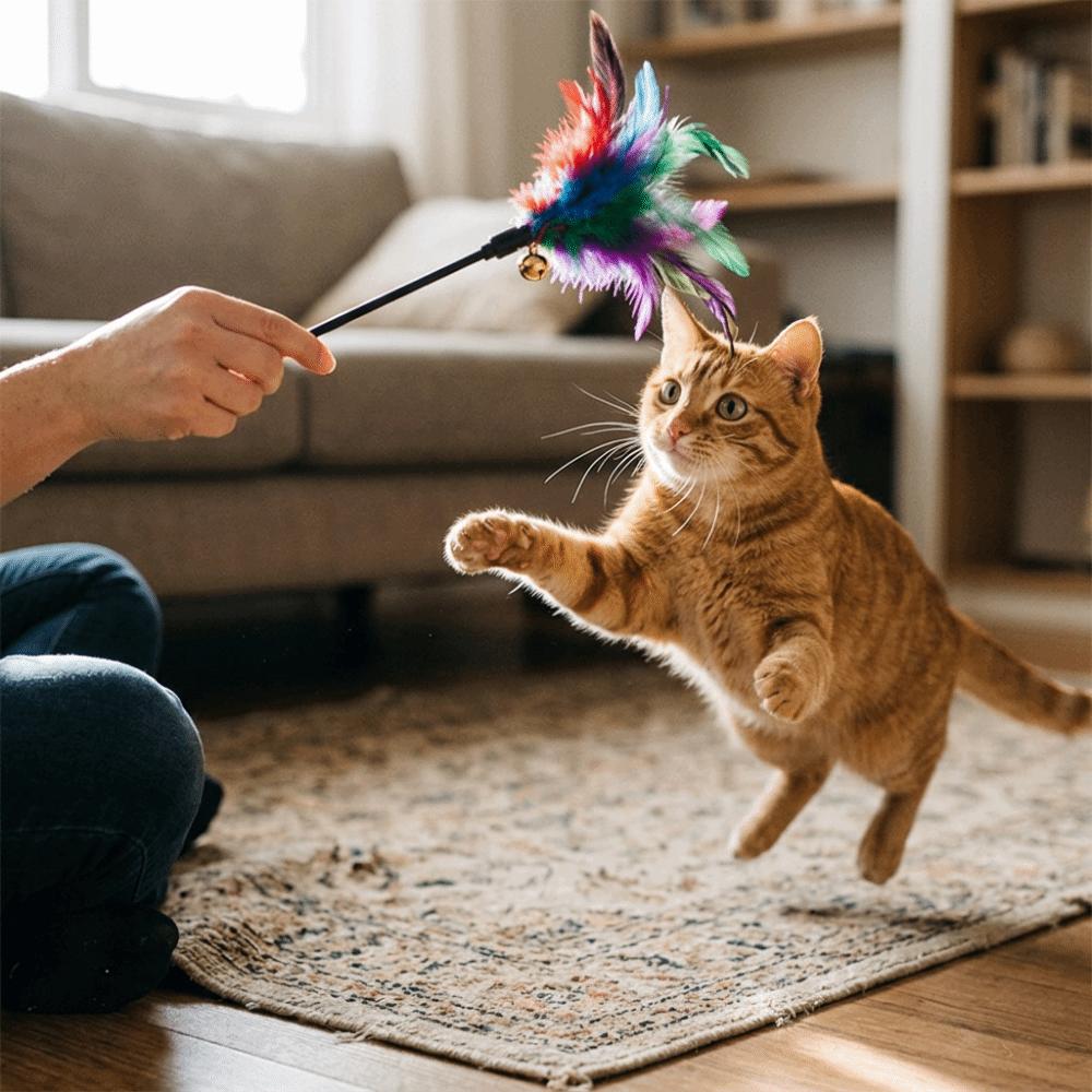 5 pcs Short Pole Cat Teaser Wand Colorful Feather Black Rod Cat Interactive Wand Built In Bell Cat Wand Toy Set Indoor Cat Play