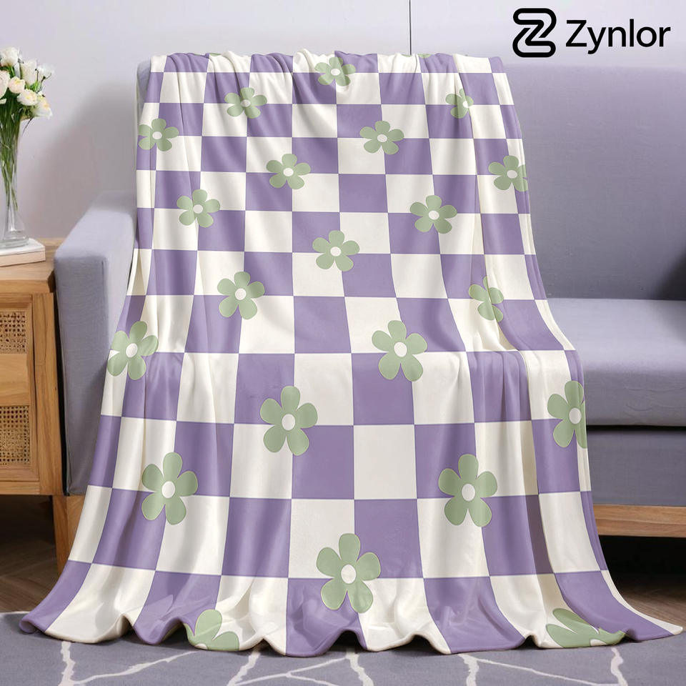 Lavender Gingham Floral Lightweight Microfiber Soft Christmas Fleece Blanket Warm Cozy Throw for Sofa Office Travel All Season
