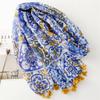 Women's Ethnic Print Scarf with Tassel Fringe LightweightMulti-Functional Shawl for Warmth, & Style - Blue & White Bohemian Design for Casual Outings