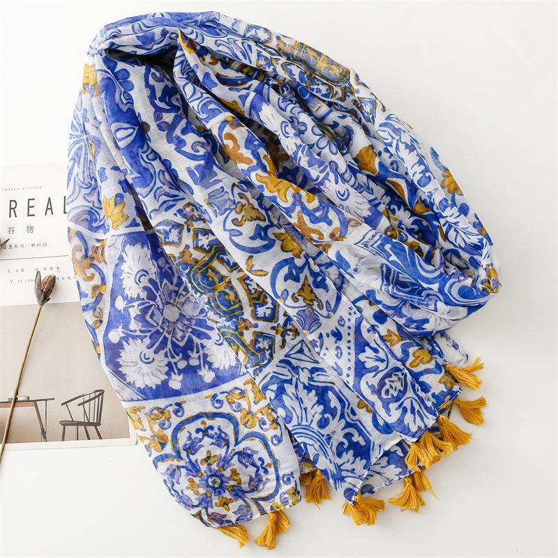 Women's Ethnic Print Scarf with Tassel Fringe LightweightMulti-Functional Shawl for Warmth, & Style - Blue & White Bohemian Design for Casual Outings