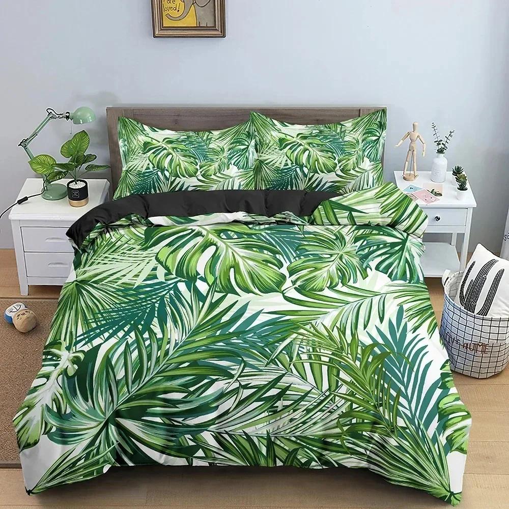 Green Plant Leaves Duvet Cover Set Floral Bedding Set Tropical Pattern Quilt Comforter Cover With Pillowcase Home Textile